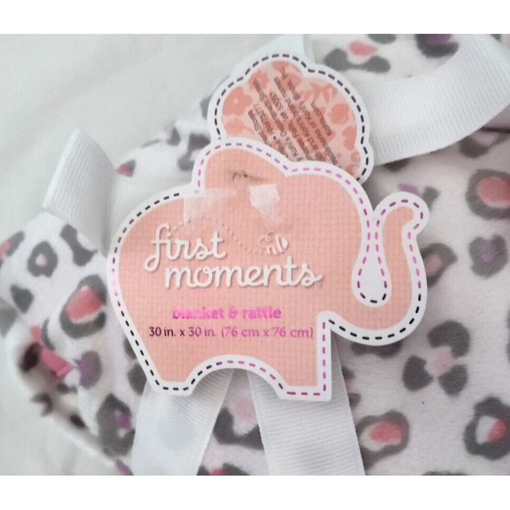 First Moments‎ Pink Plush Cheetah Leopard Cat Baby Blanket Rattle Toy Set NWT